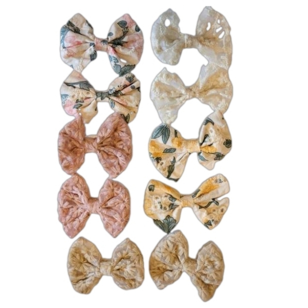 Hand Crafted 10pc set bow hair clips accessories floral bow embroidery Upcycled